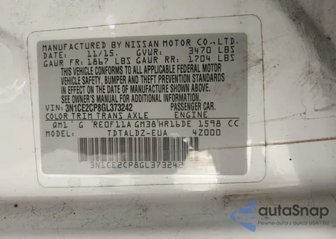 2016 Nissan Versa Note S (Sr)/S Plus/Sl/Sr/Sv z USA, uszkodzony, nr VIN 3N1CE2CP8GL373242